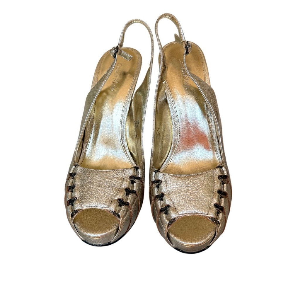 Calvin Klein Portia Gold Metallic Slingback Peep Toe Heels E8539‎ Size 7.5M